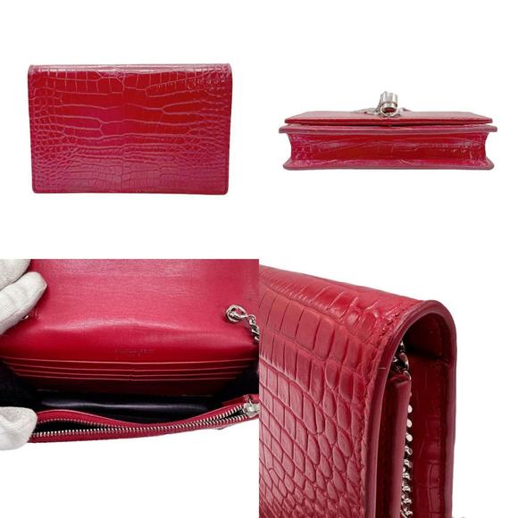 SAINT LAURENT Chain Wallet Embossed Leather Red Women's 452159 z0846 - Picture 3 of 5